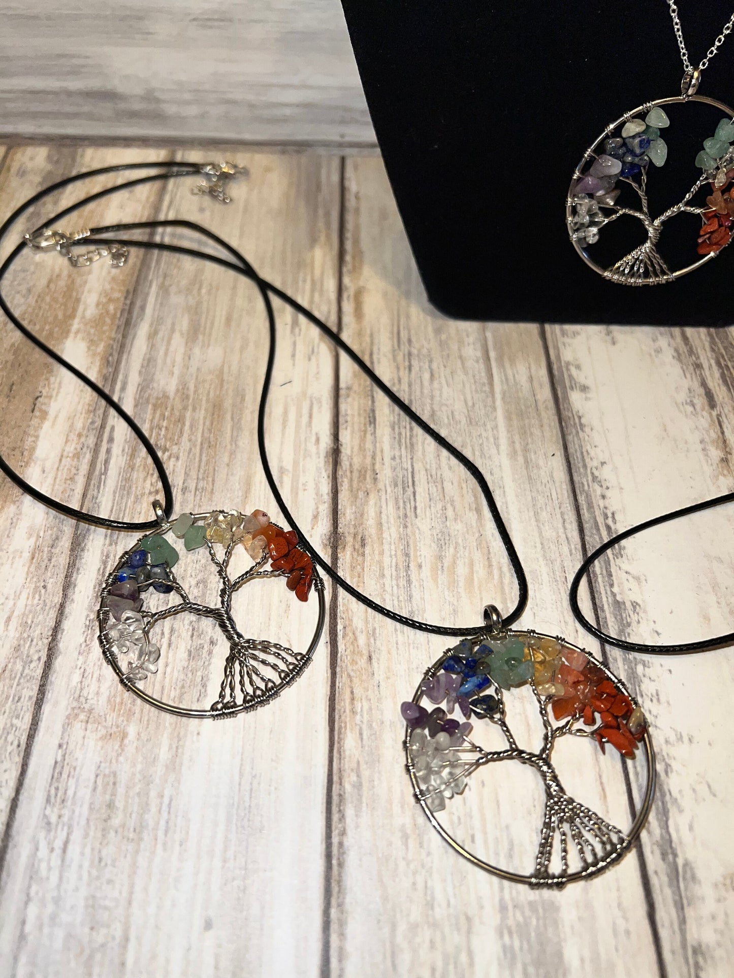 Rainbow Crystal Tree of Life Pendant Natural Stones Chip Wire Wrapped Family Tree Jewellery Silver Plated Chain