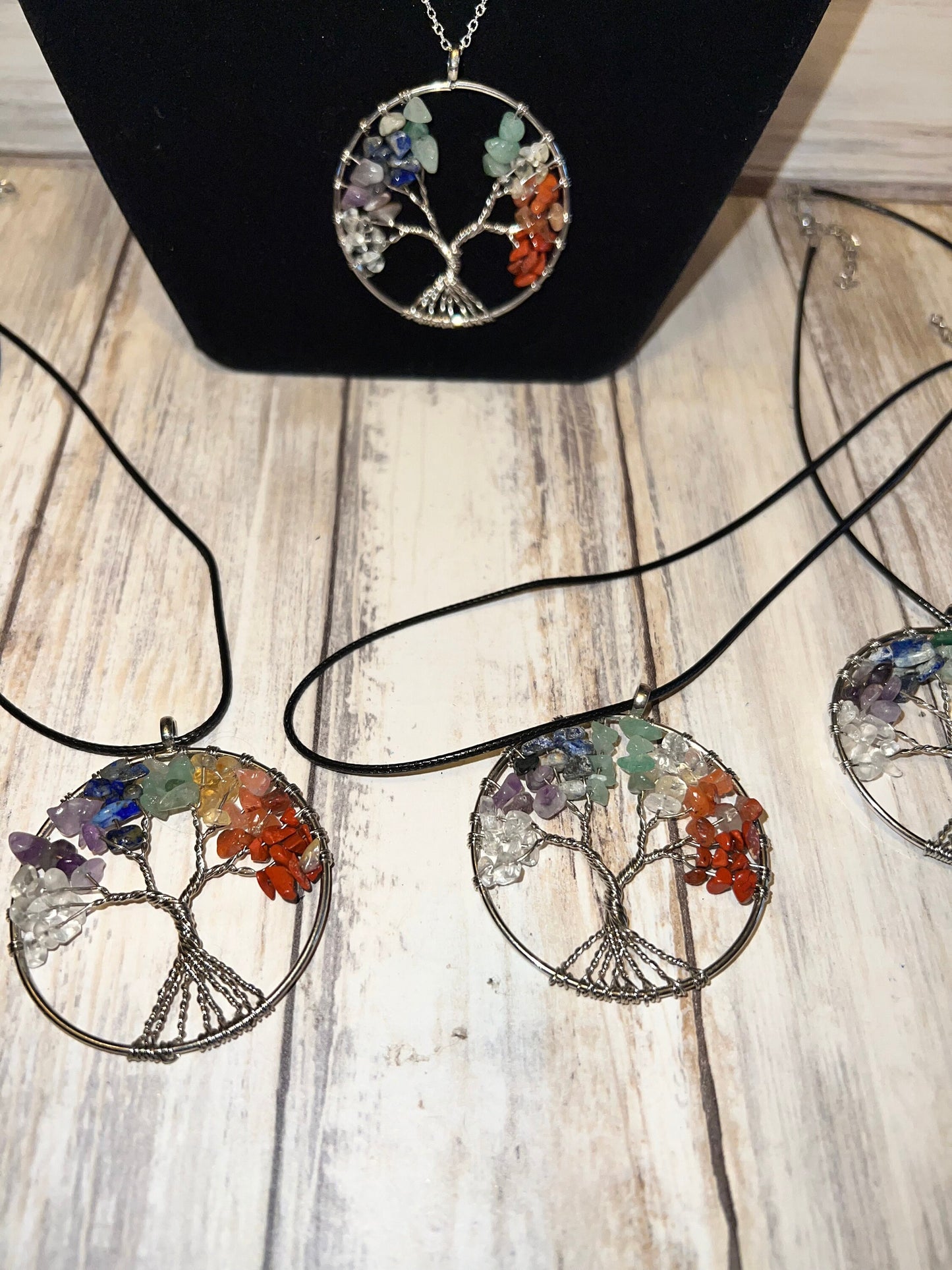 Rainbow Crystal Tree of Life Pendant Natural Stones Chip Wire Wrapped Family Tree Jewellery Silver Plated Chain