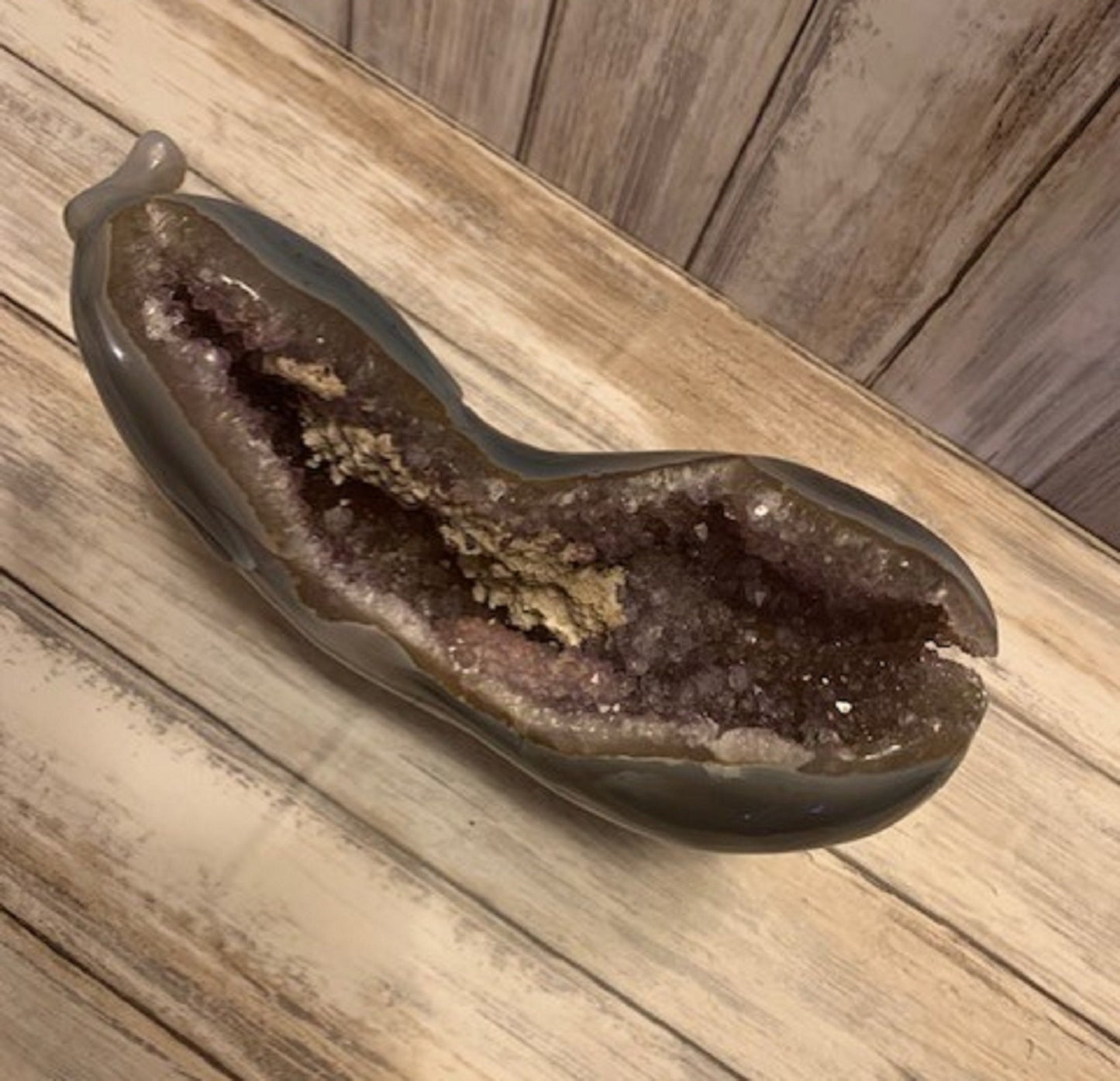 Geode Agate Crystal Large Carved Egg Plant Aubergine Purple Healing Reiki Unique Show Piece & Distance Reiki Session