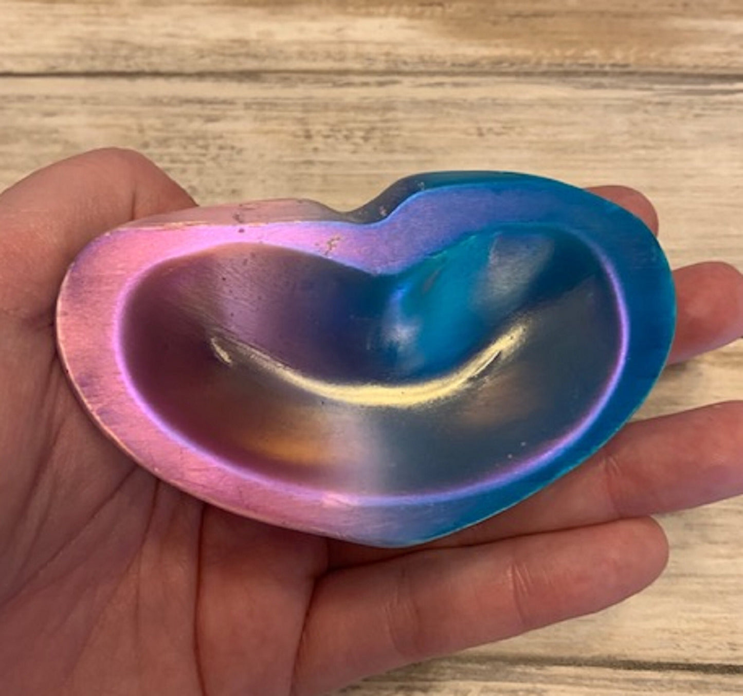 Rainbow Aura Heart Dish Crystal Bowl, Blue & Pink, Trinket Tray, Jewelry Holder, Gift For Her