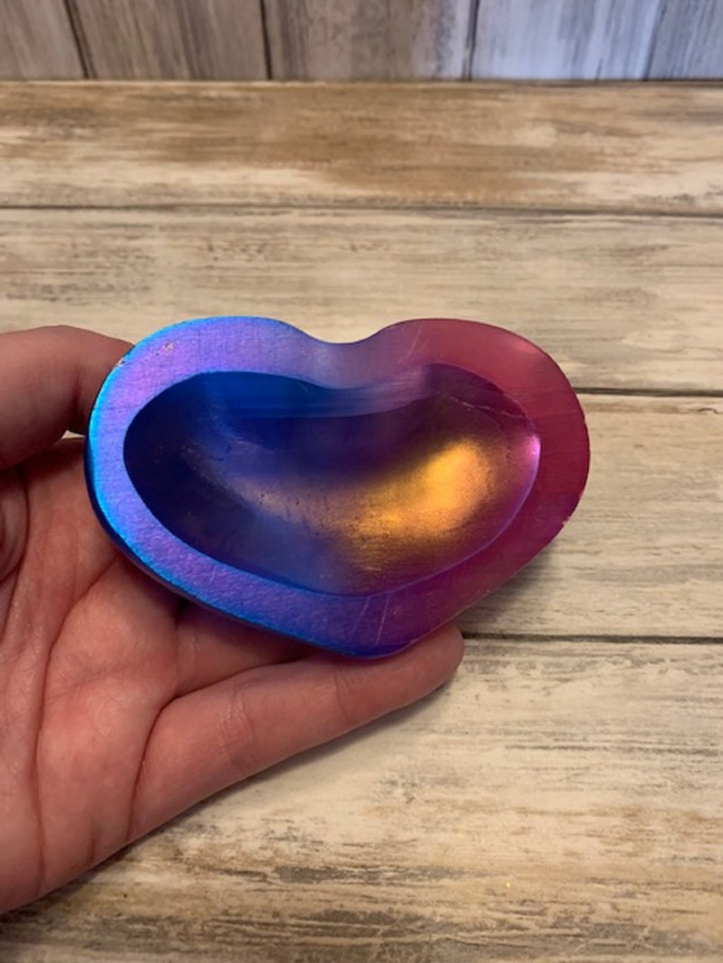 Rainbow Aura Heart Dish Crystal Bowl, Blue & Pink, Trinket Tray, Jewelry Holder, Gift For Her