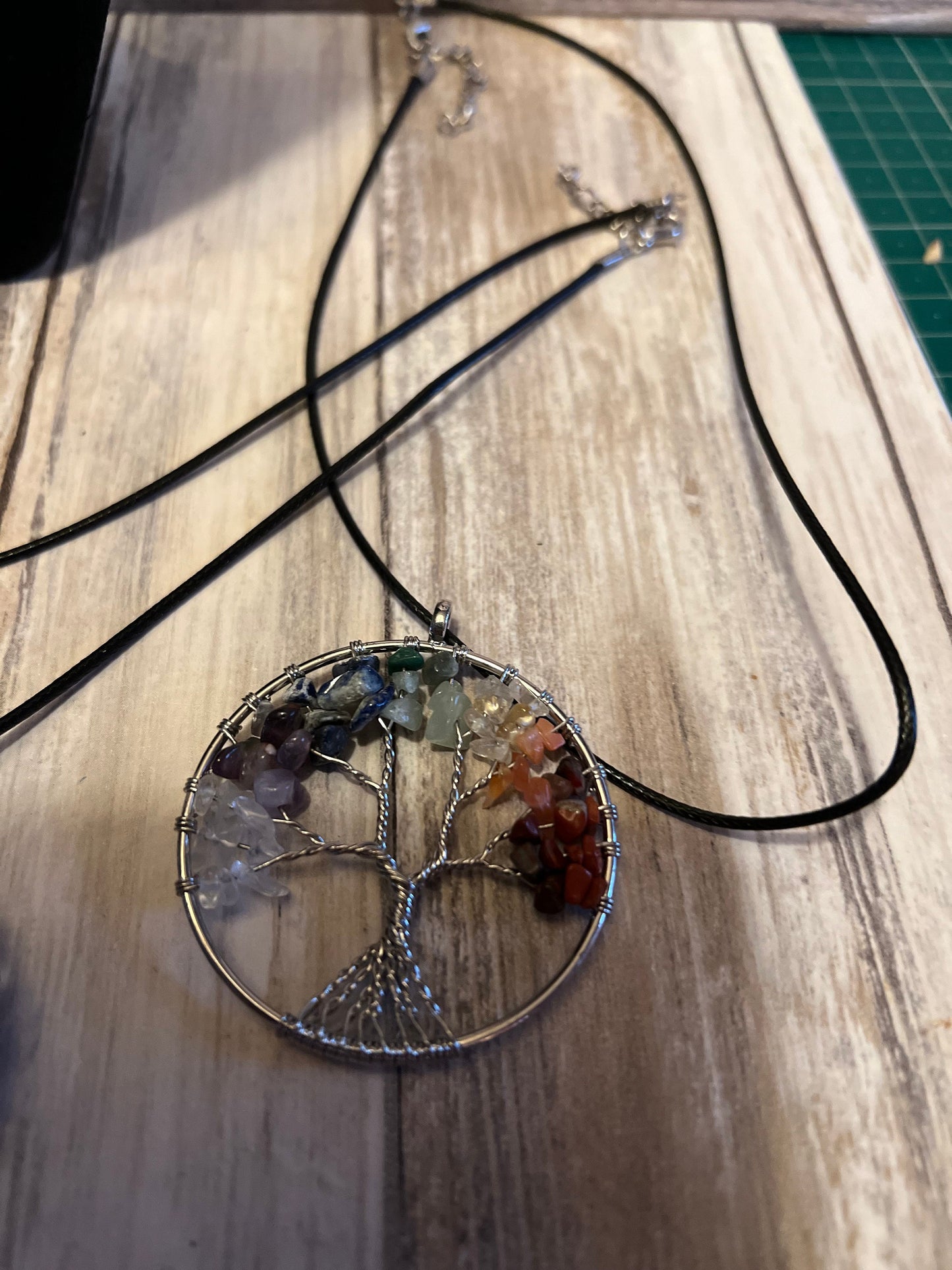 Rainbow Crystal Tree of Life Pendant Natural Stones Chip Wire Wrapped Family Tree Jewellery Silver Plated Chain
