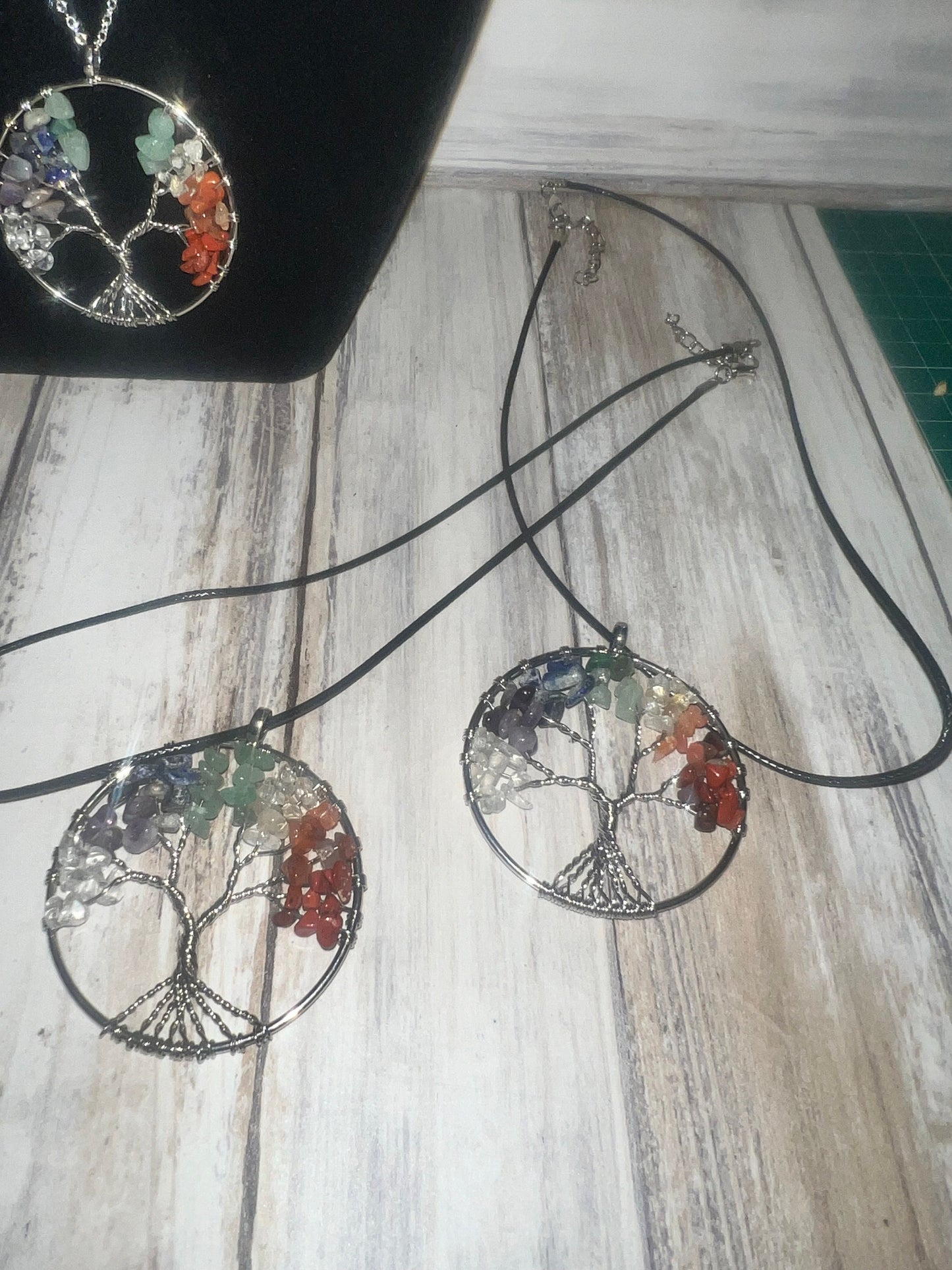 Rainbow Crystal Tree of Life Pendant Natural Stones Chip Wire Wrapped Family Tree Jewellery Silver Plated Chain