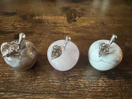 Apple Crystal Carvings Sparkle Silver Stem, Rose Quartz, Amethyst, Howlite, Spiritual Gift Alter Decor