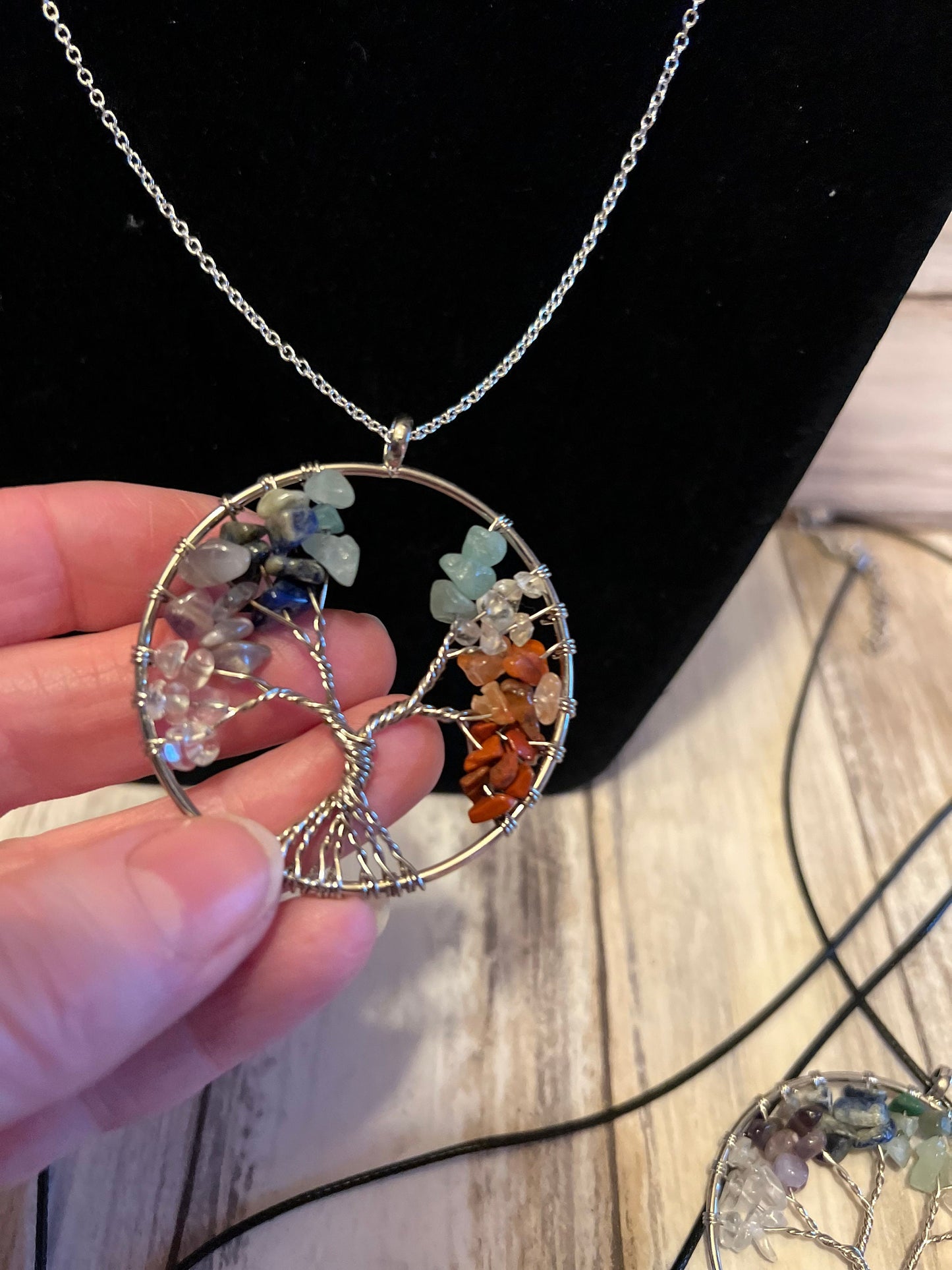 Rainbow Crystal Tree of Life Pendant Natural Stones Chip Wire Wrapped Family Tree Jewellery Silver Plated Chain