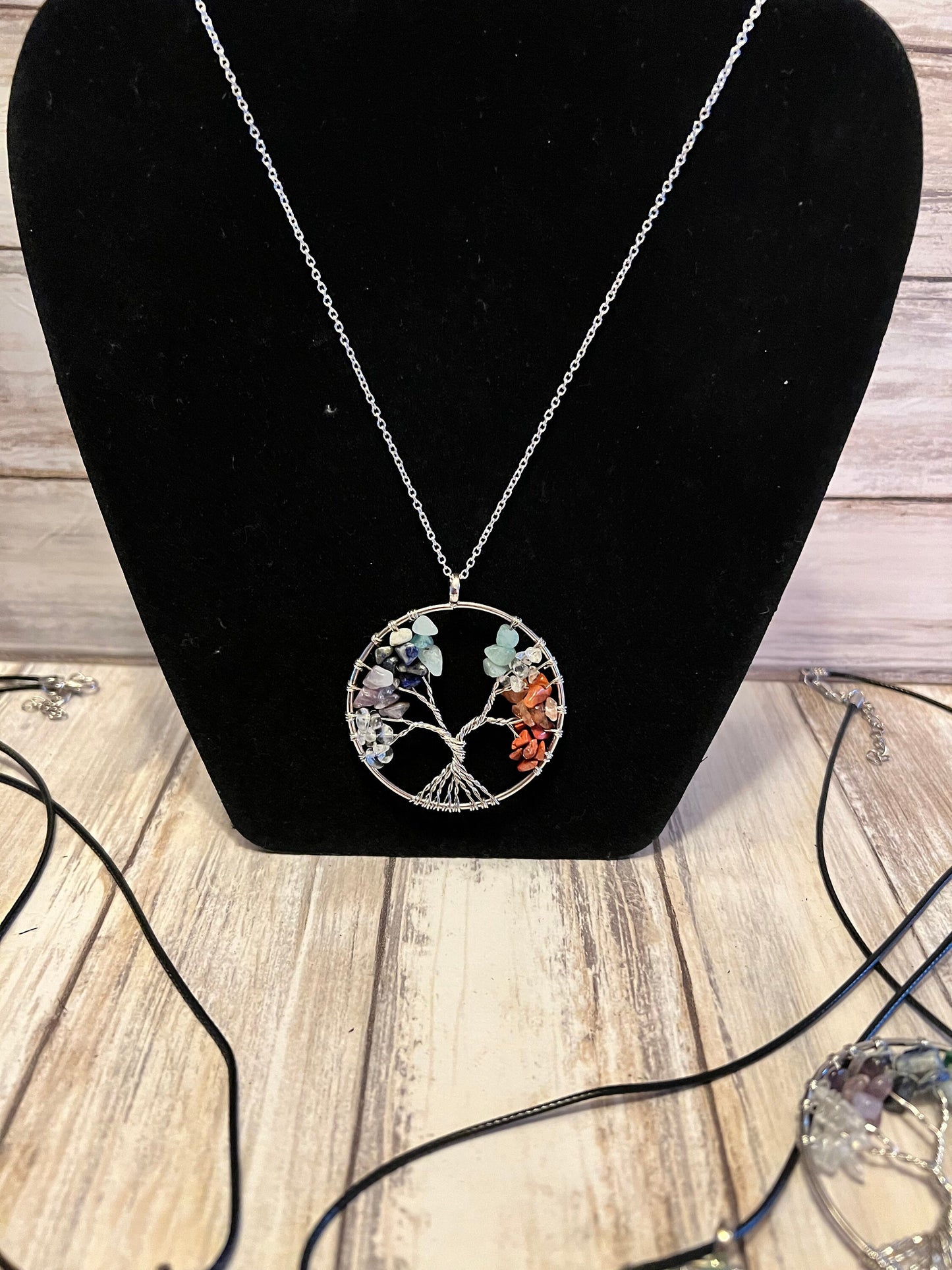 Rainbow Crystal Tree of Life Pendant Natural Stones Chip Wire Wrapped Family Tree Jewellery Silver Plated Chain
