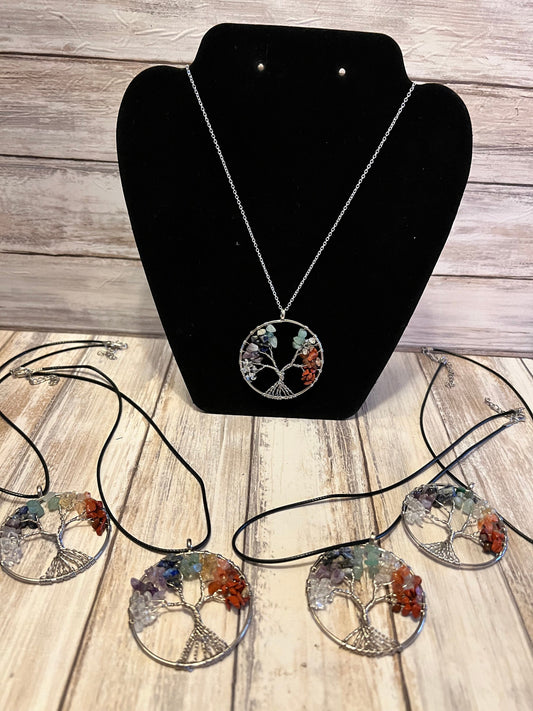 Rainbow Crystal Tree of Life Pendant Natural Stones Chip Wire Wrapped Family Tree Jewellery Silver Plated Chain