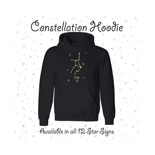 Constellation Star Sign Black Hoodie | Available in all 12 Star Signs | Zodiac Astrology | Celestial Glitter Print | Unisex Sizes