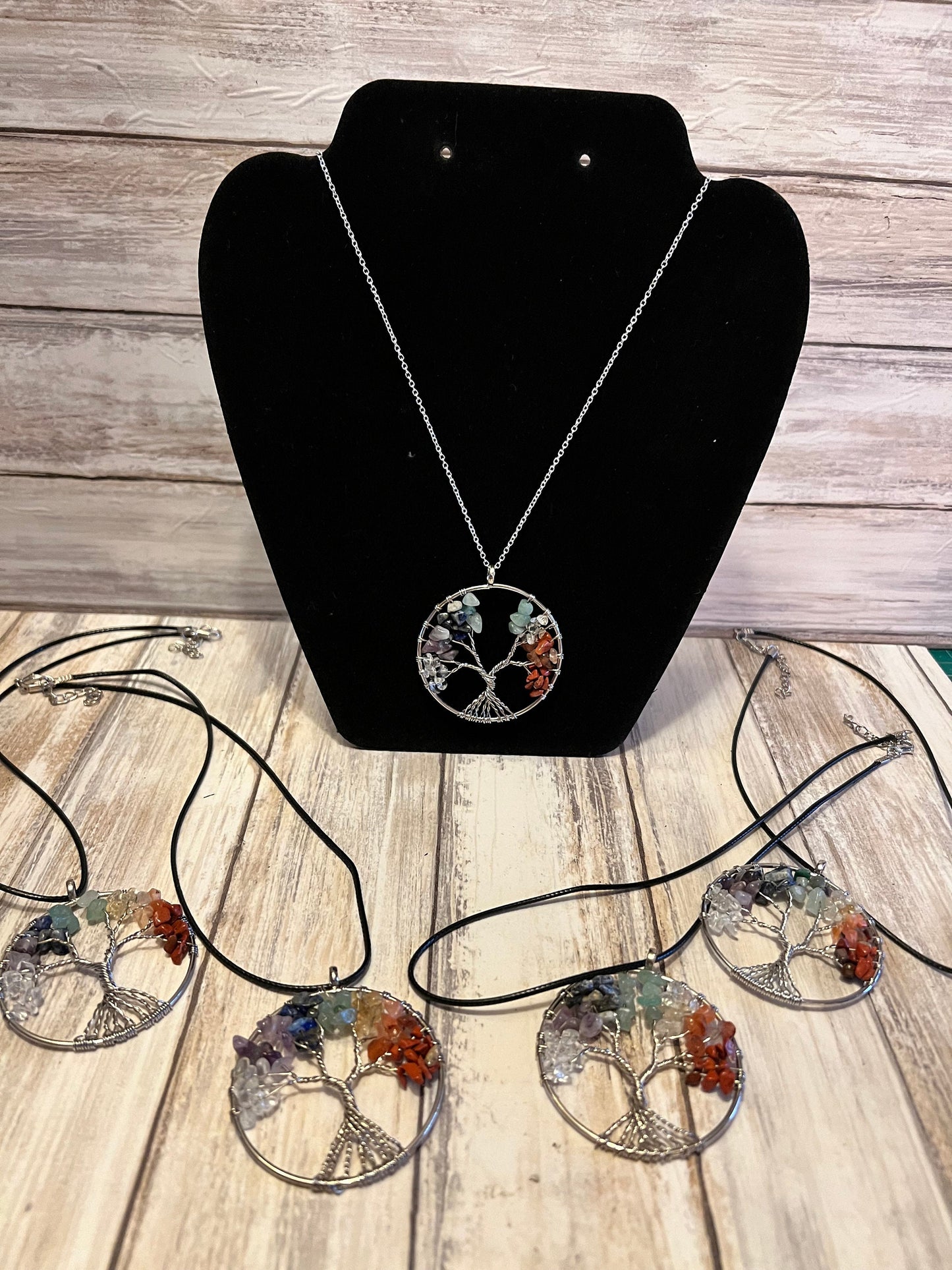 Rainbow Crystal Tree of Life Pendant Natural Stones Chip Wire Wrapped Family Tree Jewellery Silver Plated Chain