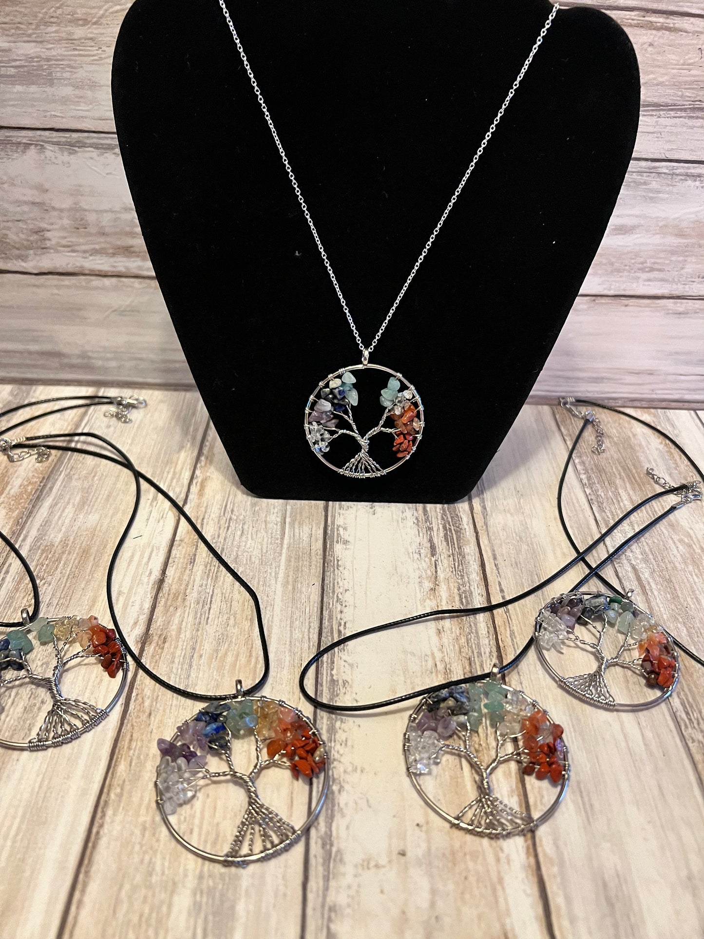 Rainbow Crystal Tree of Life Pendant Natural Stones Chip Wire Wrapped Family Tree Jewellery Silver Plated Chain