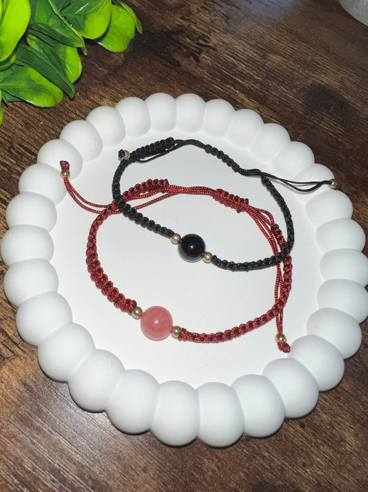 Black Obsidian Strawberry Quartz Bracelets Anklet  Natural Gemstone Healing Chakra Yoga Reiki Surfer Aphrodite Crystal Twin Flame