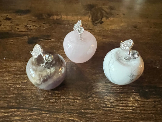 Apple Crystal Carvings Sparkle Silver Stem, Rose Quartz, Amethyst, Howlite, Spiritual Gift Alter Decor
