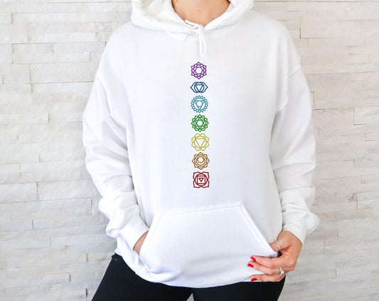 Chakra Hoodie Healing 7 Symbols Unisex Spiritual Gift Hand Printed Black White Grey UK